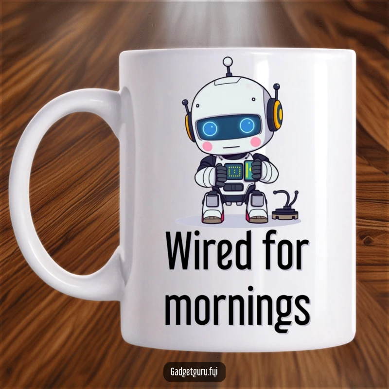 Funny mug with a small robot character happily assembling a tiny, glowing circuit, showcasing its dedication to tech.