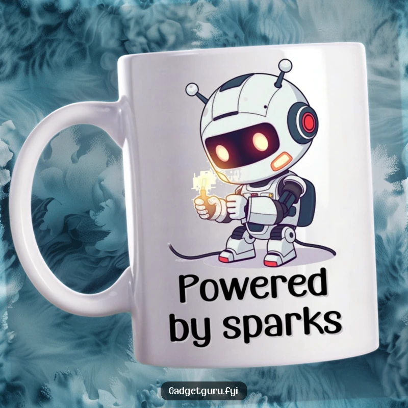 Funny Mug showing a cute robot character enthusiastically tinkering with a glowing wire, celebrating tech and creativity.