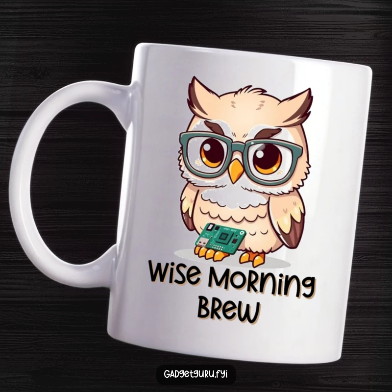 Funny cute owl character with oversized glasses intently examining a tiny circuit board, a smart mug design.