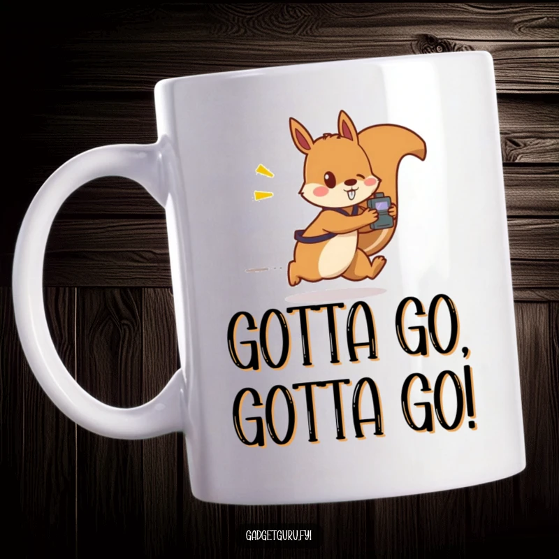 Funny mug shows a speedy squirrel character zipping by, clutching a small, flashing gadget, symbolizing quick action and tech-savviness.
