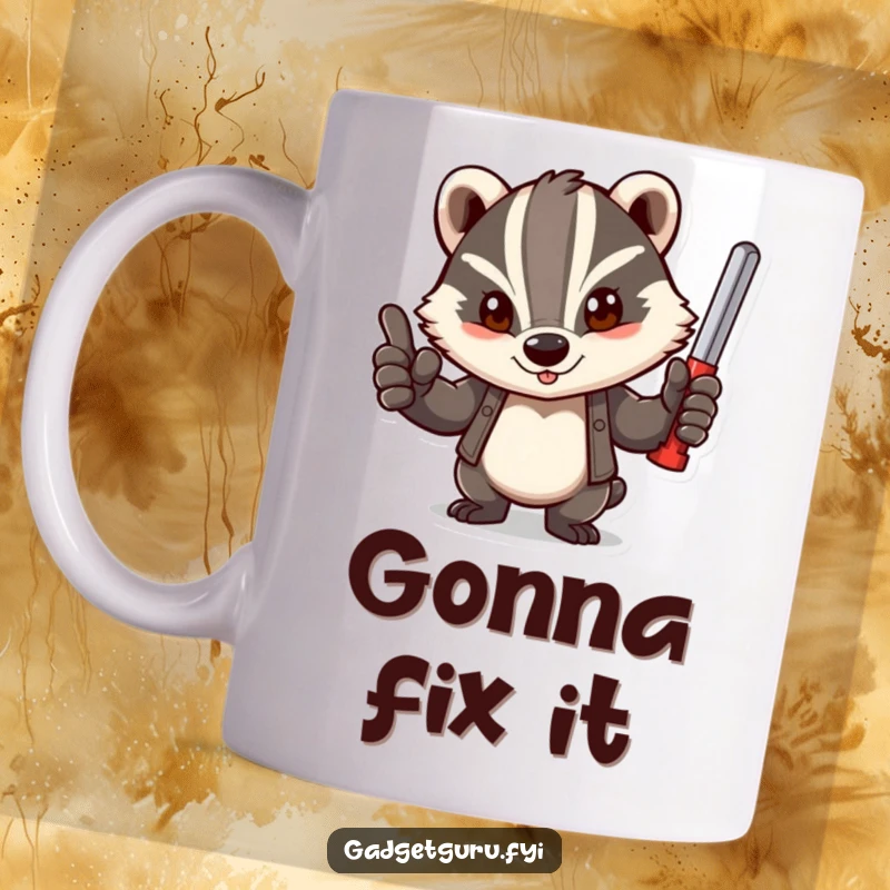 Funny mug showing a determined badger giving a thumbs-up with a tool, representing readiness and accomplishment.