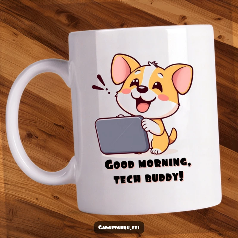 Funny Dog Mug: A cheerful dog enthusiastically demonstrates a new gadget with a happy tail wag, conveying pure excitement.
