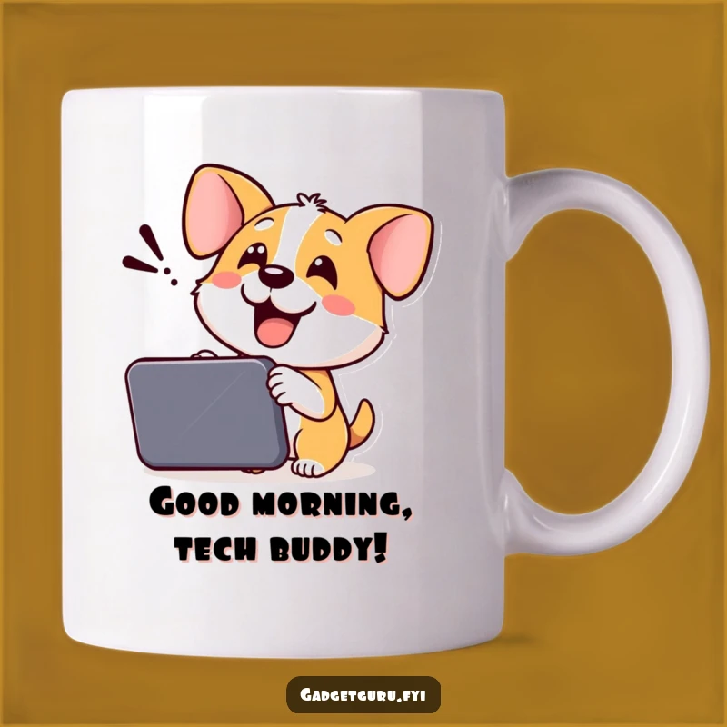 Funny Dog Tech Mug: Cheerful Pooch Demonstrating Gadgets Gift for Techies