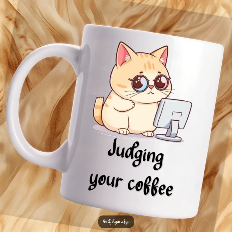 Funny cat mug, a chubby cat wearing a monocle, critically examining a tiny computer screen, embodying sophisticated judgment.