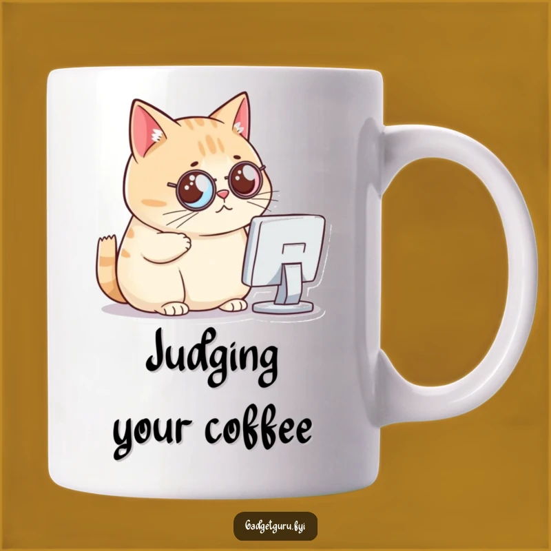 Funny Cat Monocle Mug - Critical Computer Cat - Office Humor Gift