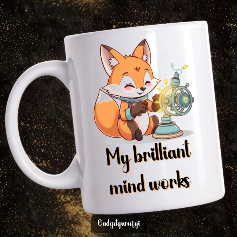 Funny mug shows an excited fox character intensely working on a complex, glowing mechanical contraption, symbolizing creative invention.