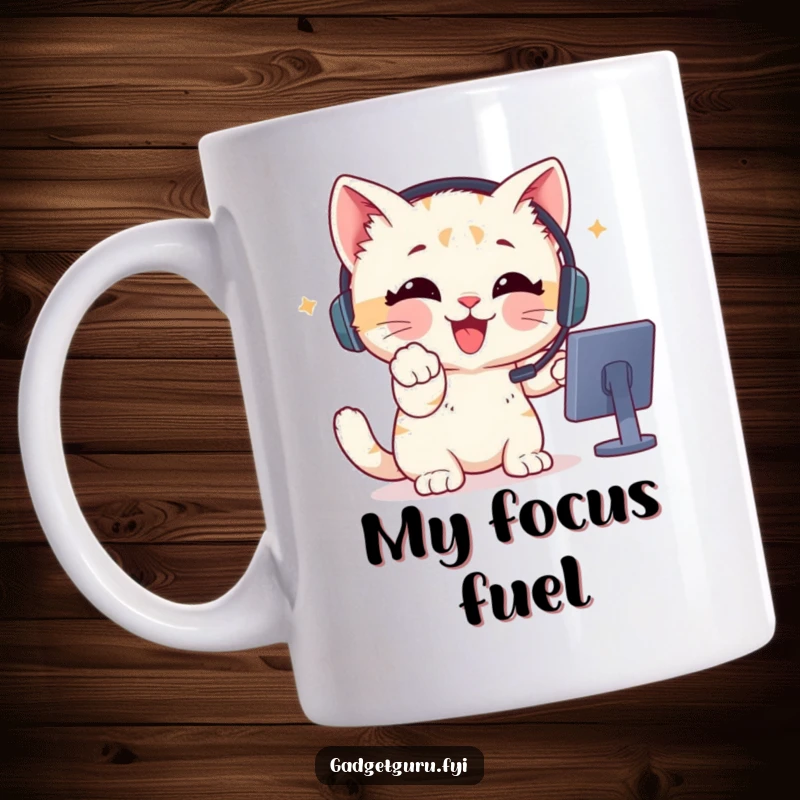 Funny Mug featuring a delighted kitten wearing a headset, enthusiastically pointing at a screen, ready for action.