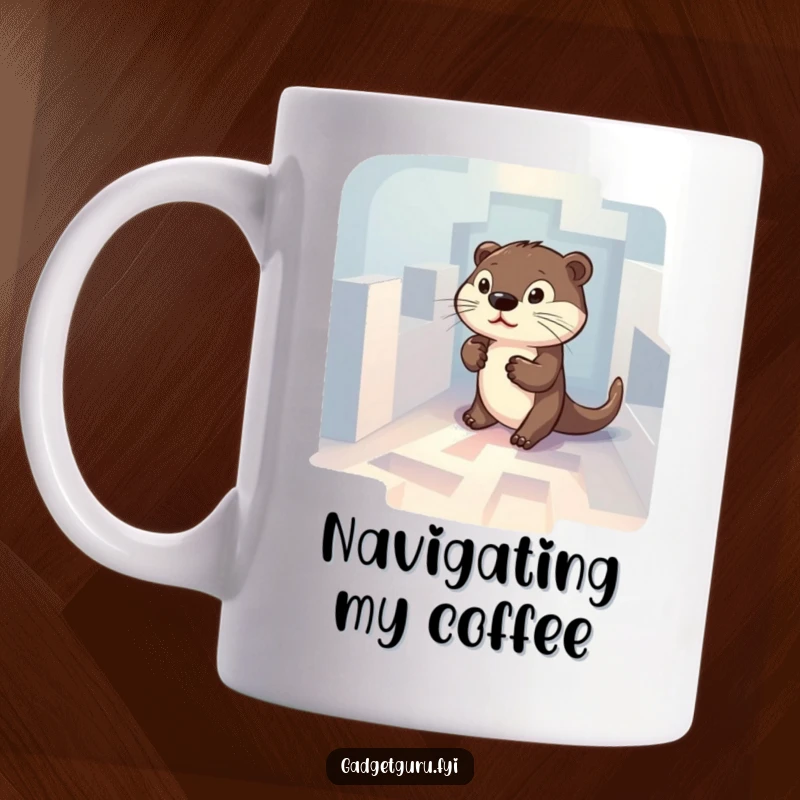 Funny mug depicting a determined otter character carefully navigating a complex, tiny, illuminated maze, showing concentration.