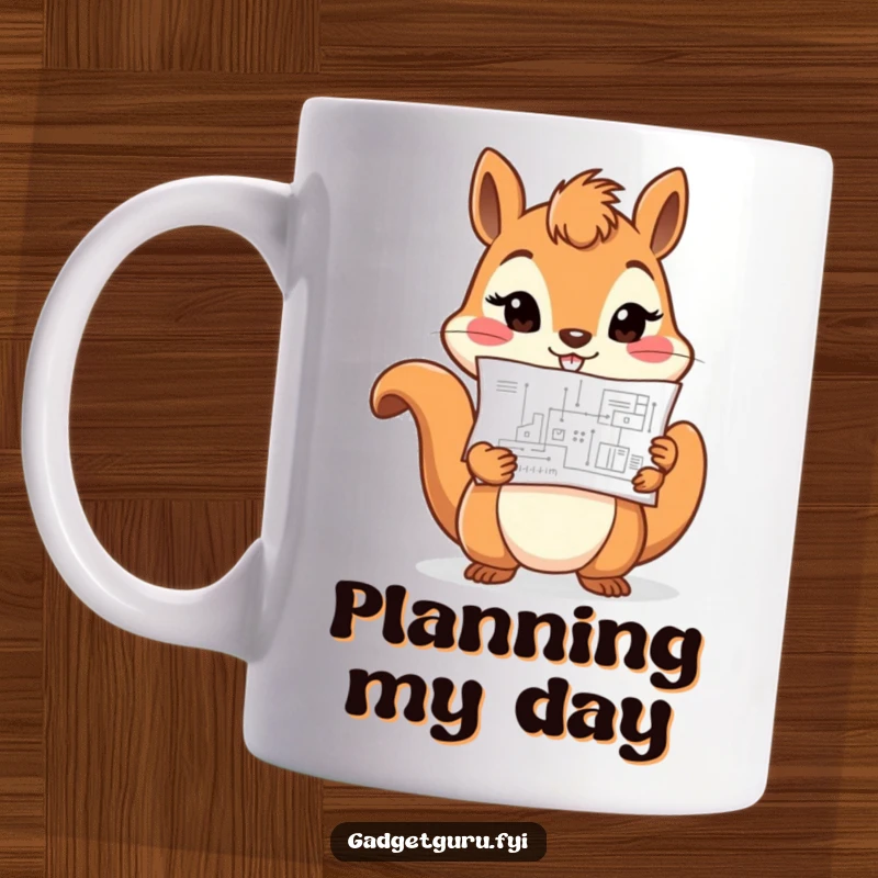 Funny cheerful squirrel character holding a tiny blueprint with a determined expression, a motivational mug design.