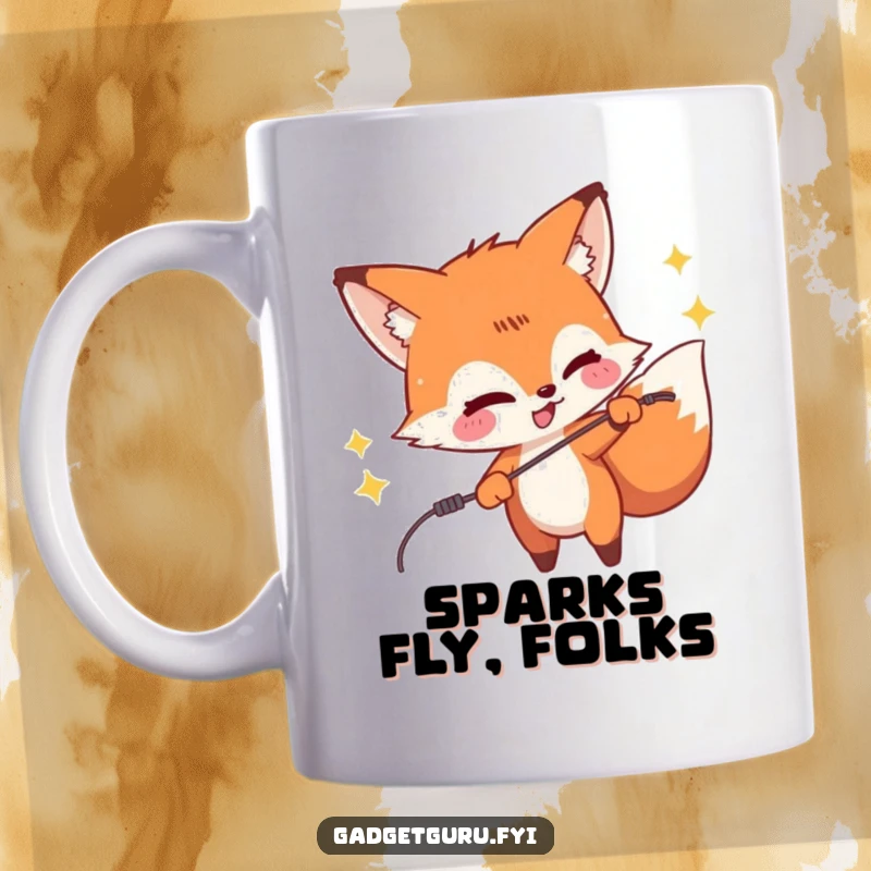 Funny mug featuring a mischievous fox character playfully zapping a wire, creating sparks and showcasing a sly, energetic personality.