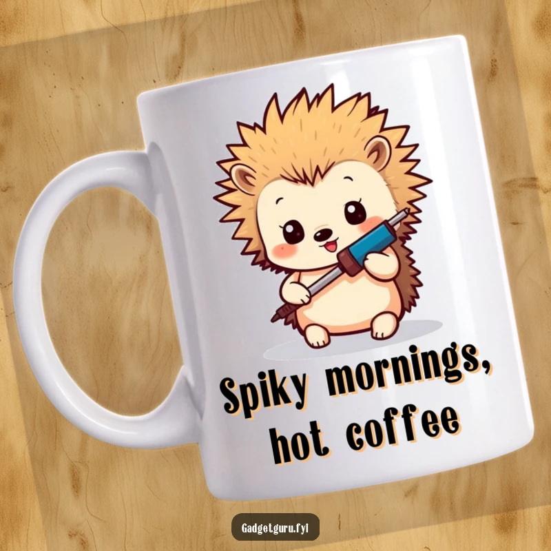 Funny Hedgehog Maker Mug: A tiny hedgehog character with spiky hair intently using a miniature soldering iron, embodying DIY spirit and humor.