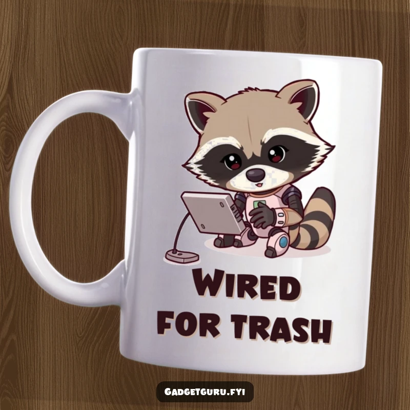 Funny mug of a determined raccoon character intensely programming a small robot with focus. A humorous depiction of a tech-savvy creature at work.