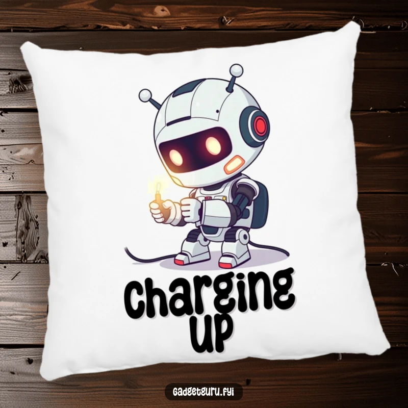 Funny Pillow featuring a cute robot character enthusiastically tinkering with a glowing wire, offering comfort and a touch of tech.