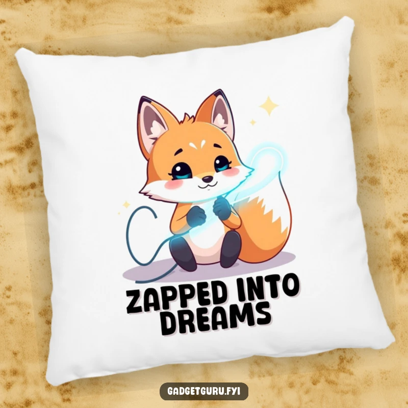 Funny fox pillow with a playful character experimenting with glowing wires, perfect for adding creative and cozy decor.