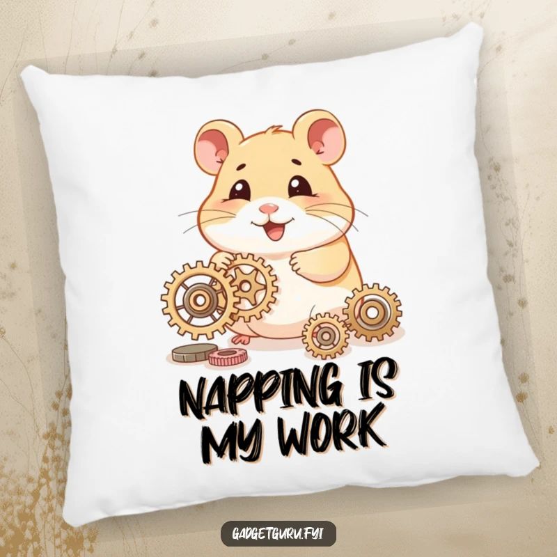 Funny hamster pillow with a smiling character tinkering with tiny gears, perfect for adding cozy, inventive decor.