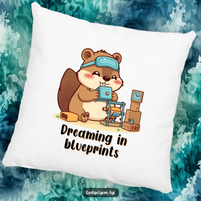 Funny beaver pillow featuring a happy, crafty character building a small gadget, combining comfort with a humorous theme.