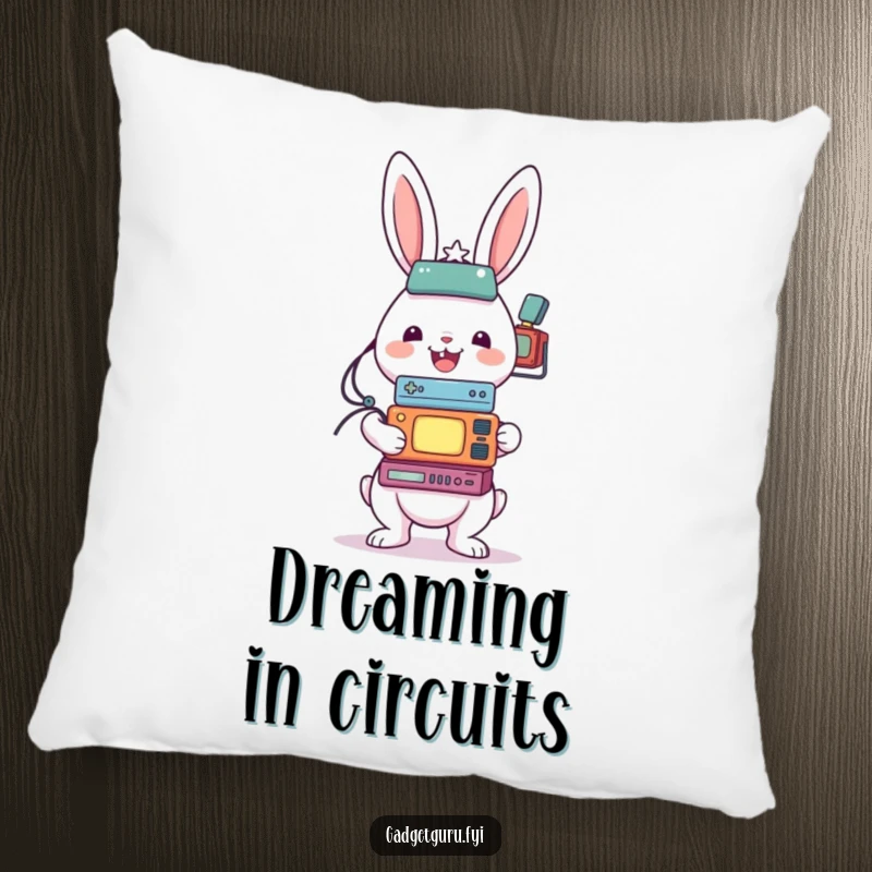 Funny pillow design with a cheerful rabbit character balancing a tall, unstable stack of small, diverse electronic gadget items.