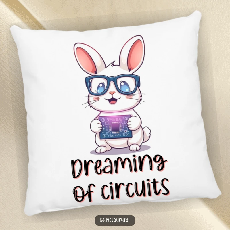 Funny Rabbit Scientist Pillow: A soft pillow featuring a rabbit wearing glasses excitedly holding a glowing circuit board, adding comfort and wit.