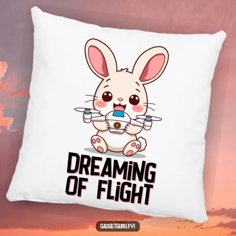 Funny pillow featuring a happy rabbit with energetic ears holding a tiny drone, offering comfort and humor.