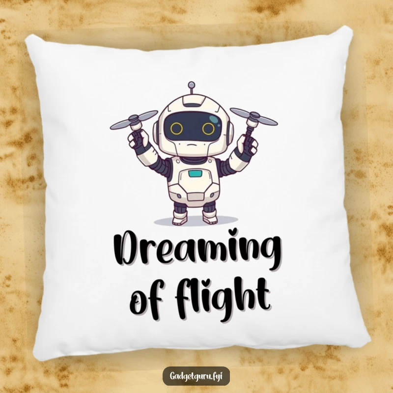 Funny pillow showcasing a small, excited robot holding a tiny spinning drone, perfect for snuggly, tech-themed humor.