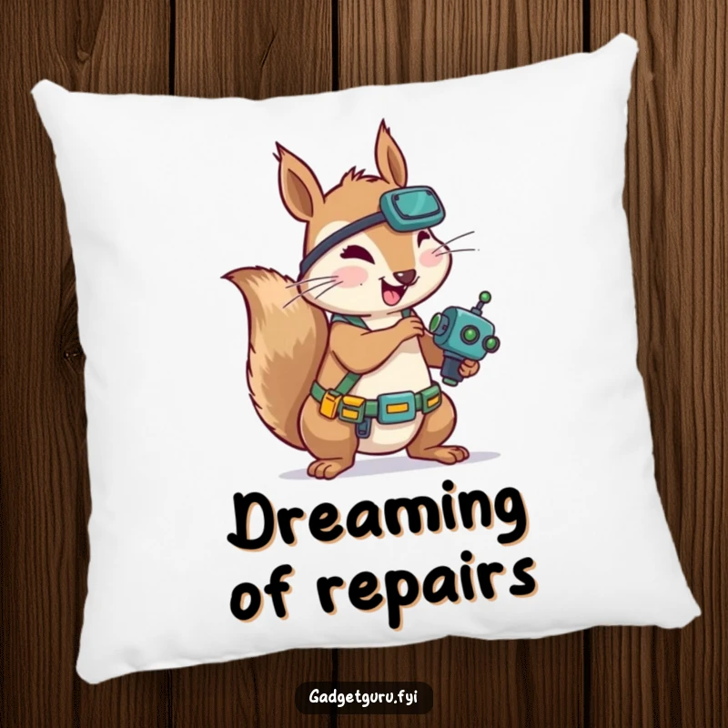 Funny Squirrel Mechanic Pillow: A soft pillow featuring a squirrel wearing a tool belt enthusiastically tinkering with a tiny robot, adding comfort.