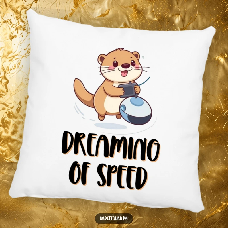 Funny pillow with a playful otter zooming with a remote-controlled toy, adding comfort and fun to any room.