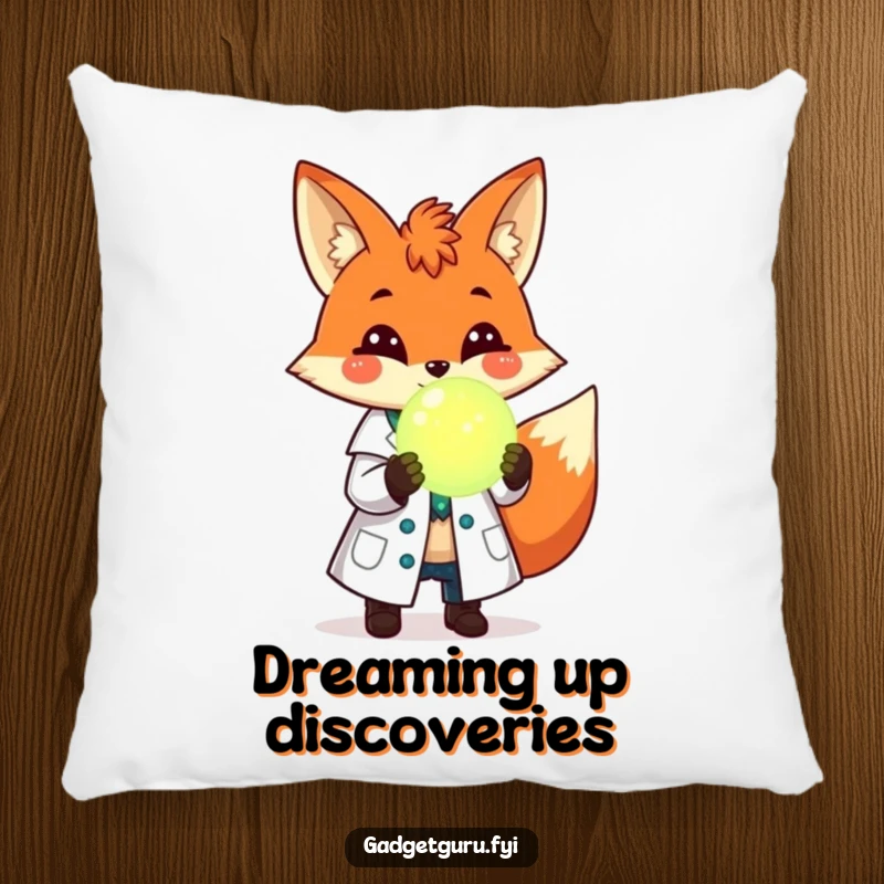 Funny pillow featuring a cheerful fox scientist in a lab coat, holding a glowing orb, soft and huggable for science lovers.