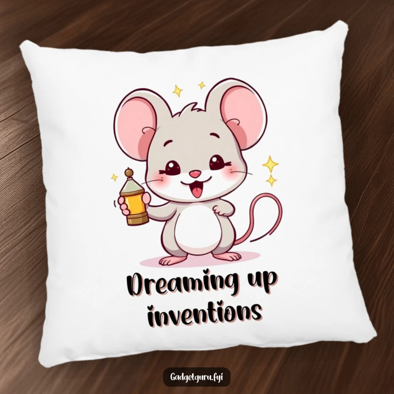 Funny Mouse Pillow: A proud mouse holds a miniature, sparking invention, providing soft comfort and creative inspiration.