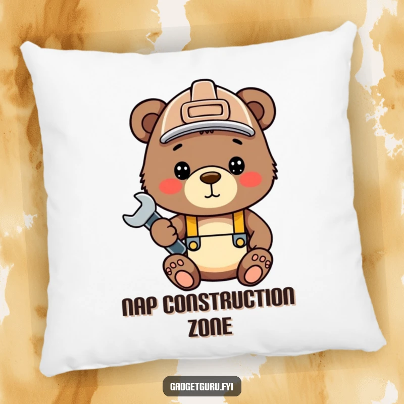 Funny bear cub pillow, a cute cub in a hard hat with a wrench, a charming addition to any room.