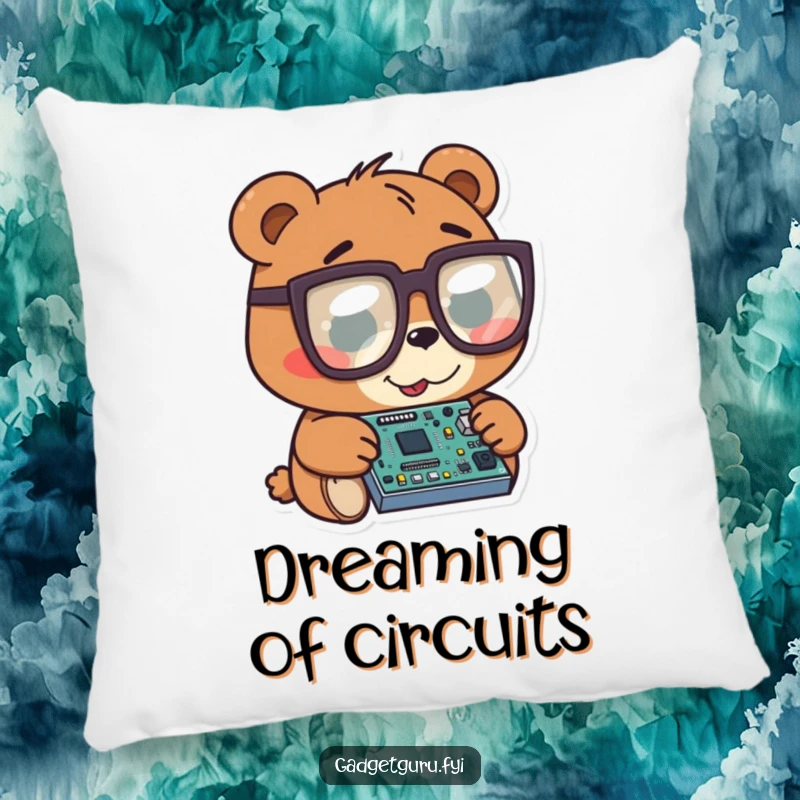 Funny bear character wearing oversized glasses, examining a tiny circuit board, soft and decorative pillow.