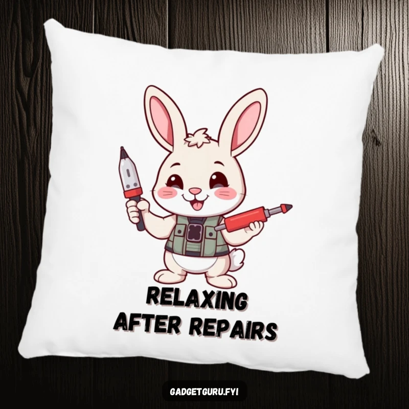 Funny pillow shows a confident bunny character holding a tiny screwdriver, adding comfort and a touch of DIY humor to any room.