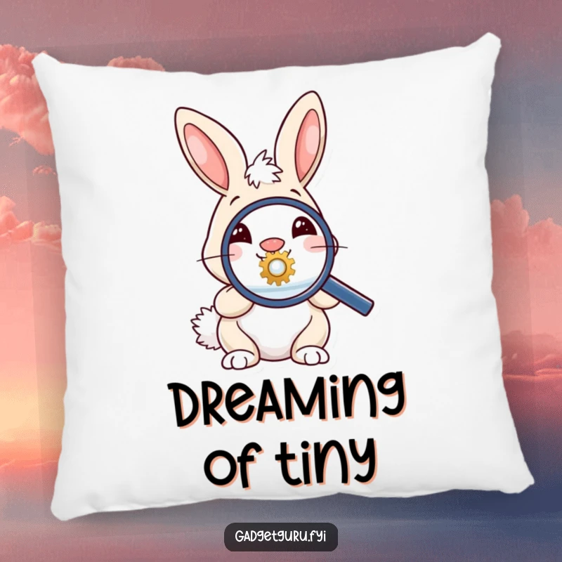 Funny pillow featuring a cute bunny with a magnifying glass inspecting a tiny gear, perfect for adding humor and comfort.
