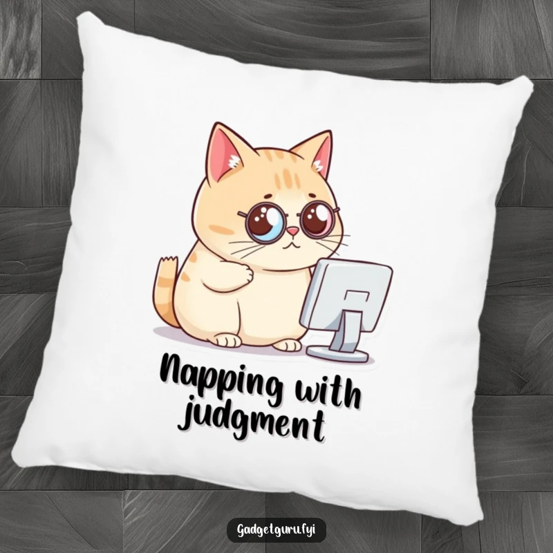 Funny cat pillow, a chubby cat with a monocle critically viewing a tiny computer screen, a chic accent piece.