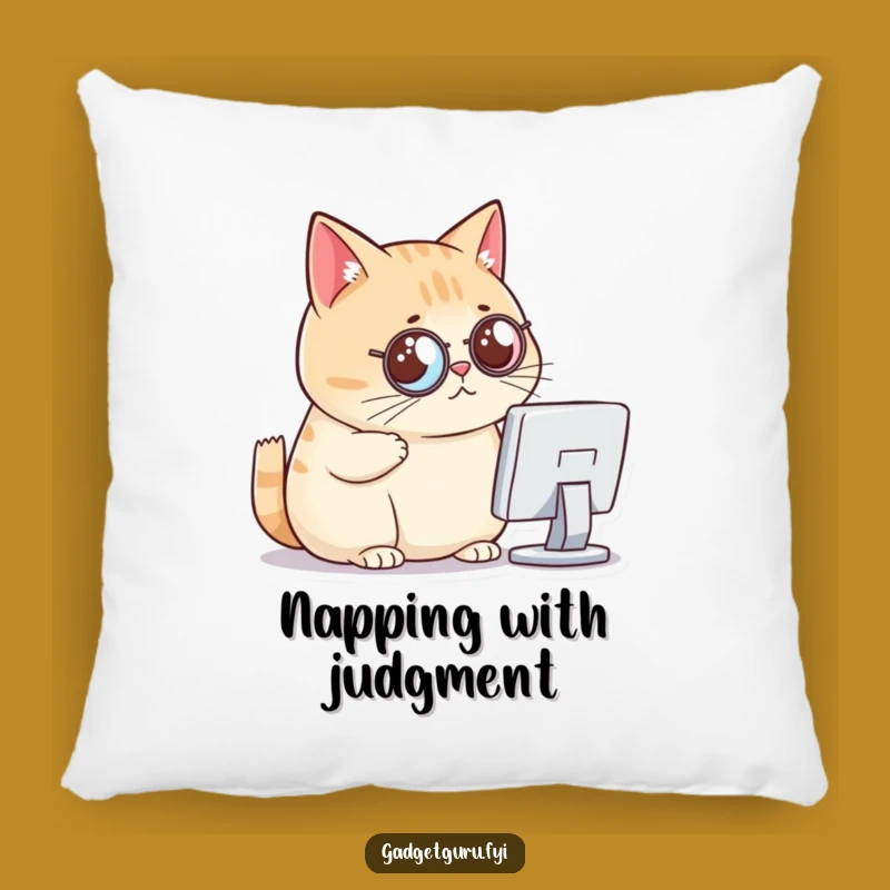 Funny Cat Pillow - Critical Monocle Feline - Cozy Tech Accent