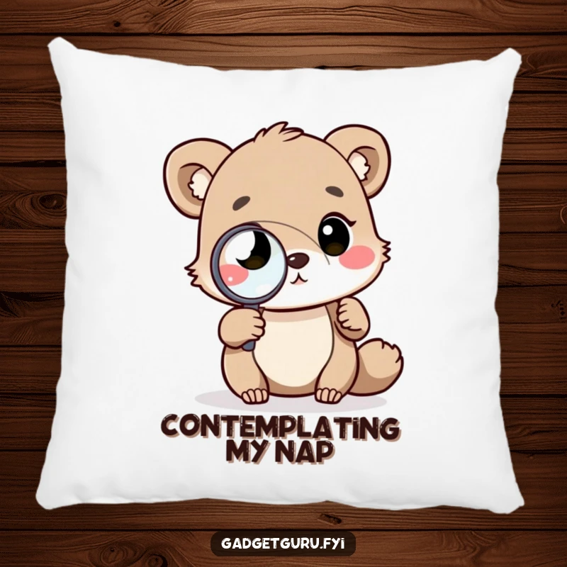 Funny pillow with a thoughtful animal character using a magnifying glass on a complex diagram, adding humor and comfort to any room.