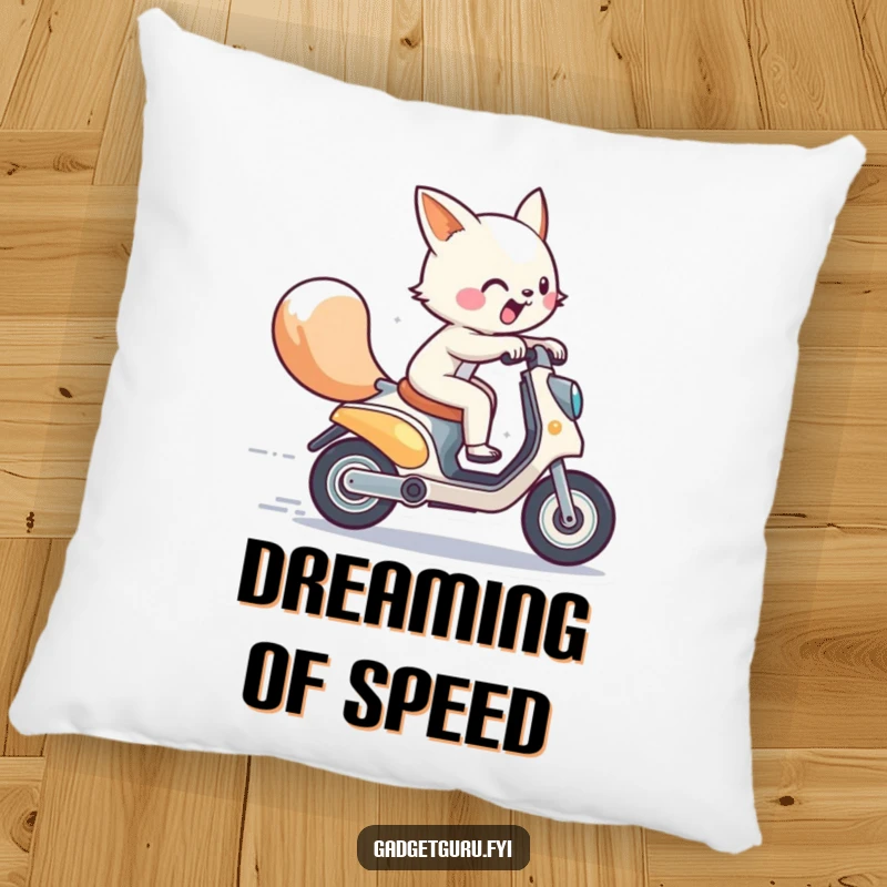 Funny pillow featuring an energetic animal character zooming on a miniature futuristic scooter, offering comfortable humor for relaxation.