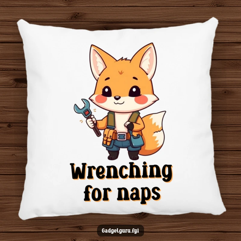 Funny pillow featuring a small fox character wearing a tool belt and holding a miniature wrench.