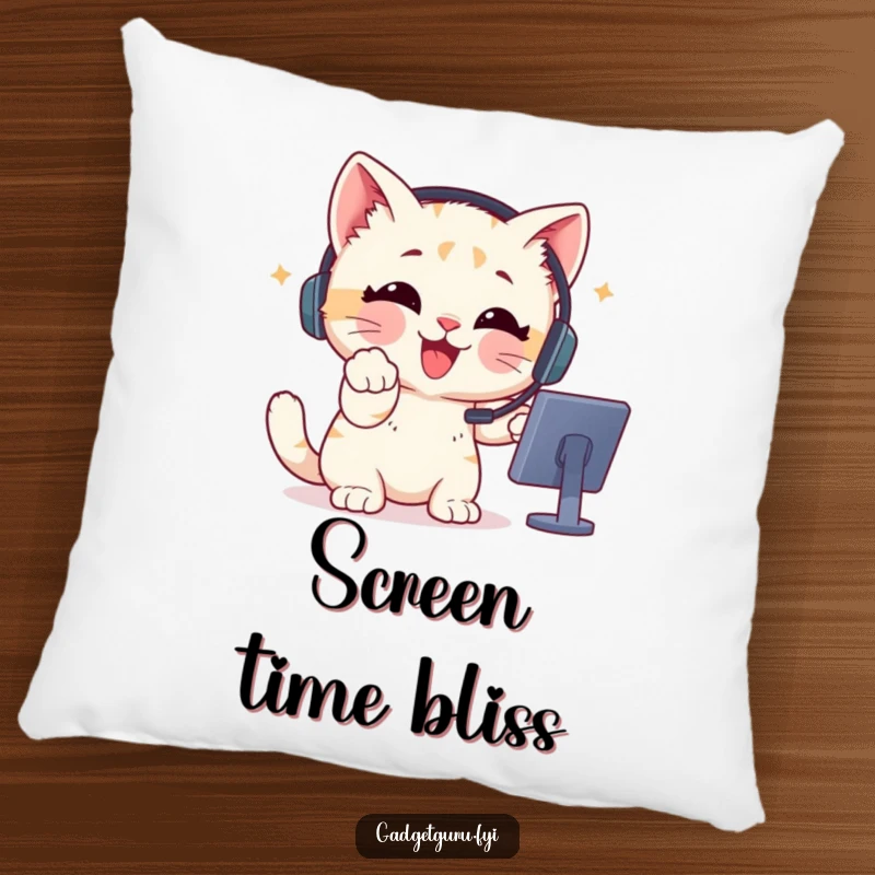 Funny Pillow showing a delighted kitten with a headset, pointing excitedly at a screen, ready for gaming.