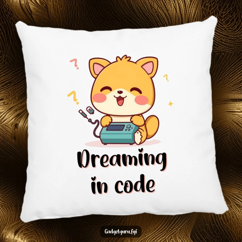 Funny pillow featuring a happy animal character beeping merrily while programming a small device, offering comfortable humor for tech enthusiasts.