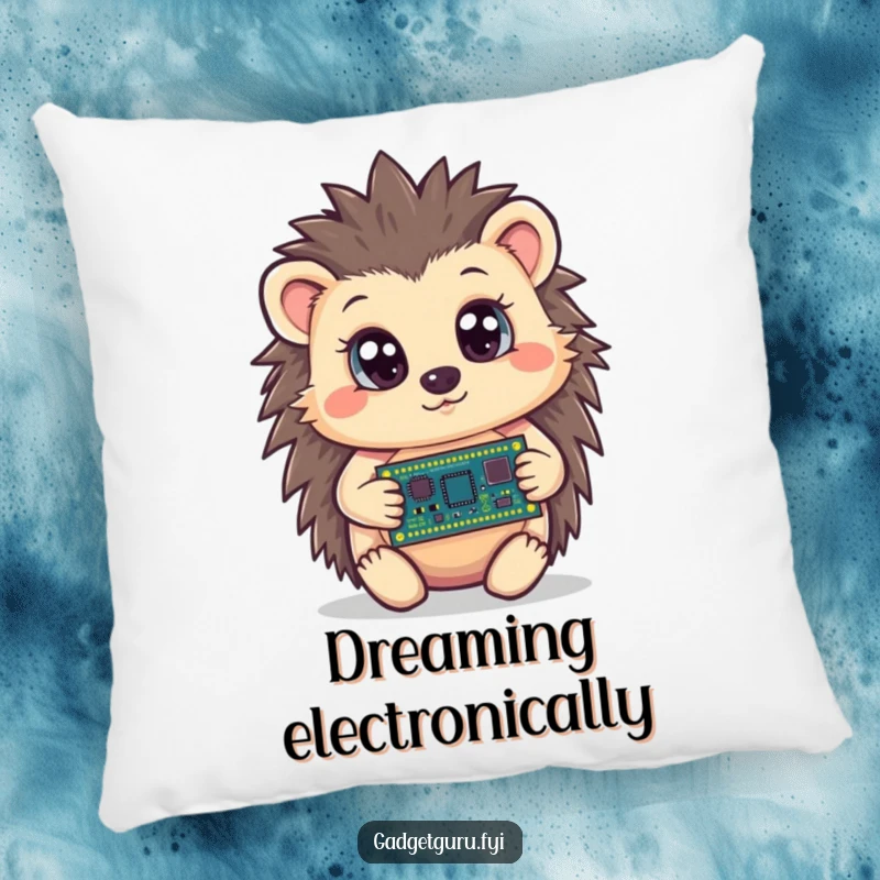 Funny hedgehog pillow with a curious character holding a tiny circuit board with wide eyes, offering comfort and a humorous tech theme.