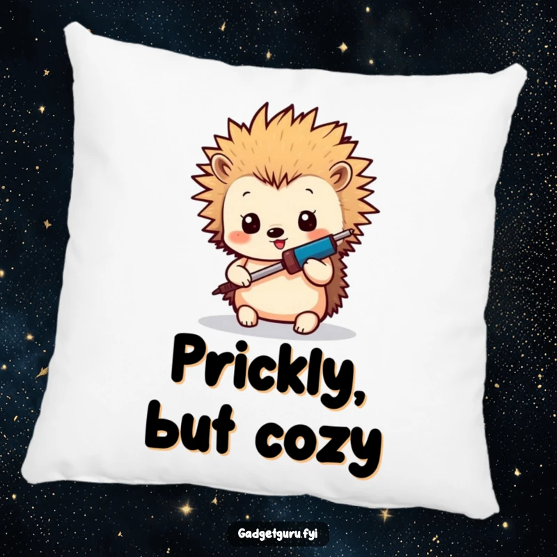 Funny Hedgehog Maker Pillow: A soft pillow featuring a tiny hedgehog with spiky hair holding a miniature soldering iron, perfect for comfort and decor.