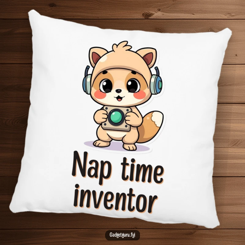 Funny Cheerful Animal Character Proudly Holding Up a Newly Assembled Whimsical Gadget Pillow, Soft and Humorous Decor.