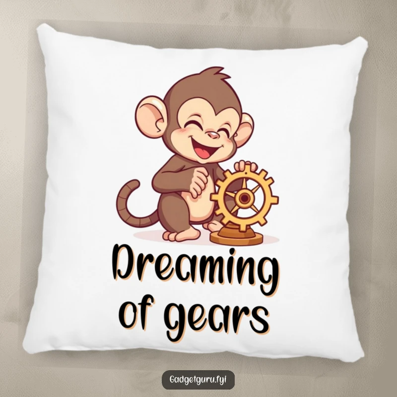 Funny monkey character busy with a miniature whirring gear, symbolizing playful engineering, on a soft pillow.