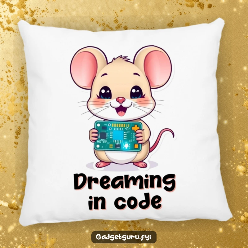 Funny mouse character holding a blinking circuit board, a soft and comfortable pillow designed to bring nerdy joy.