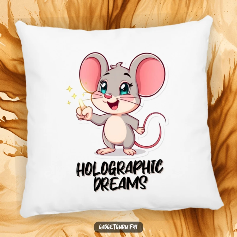Funny mouse pillow with an excited character pointing at a holographic display, offering comfort and a humorous futuristic theme.