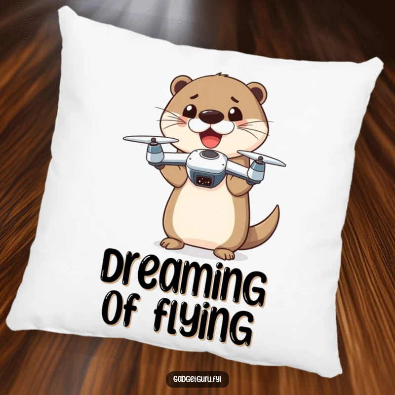 Funny otter character holding a miniature drone, symbolizing fun and tech, on a soft pillow.