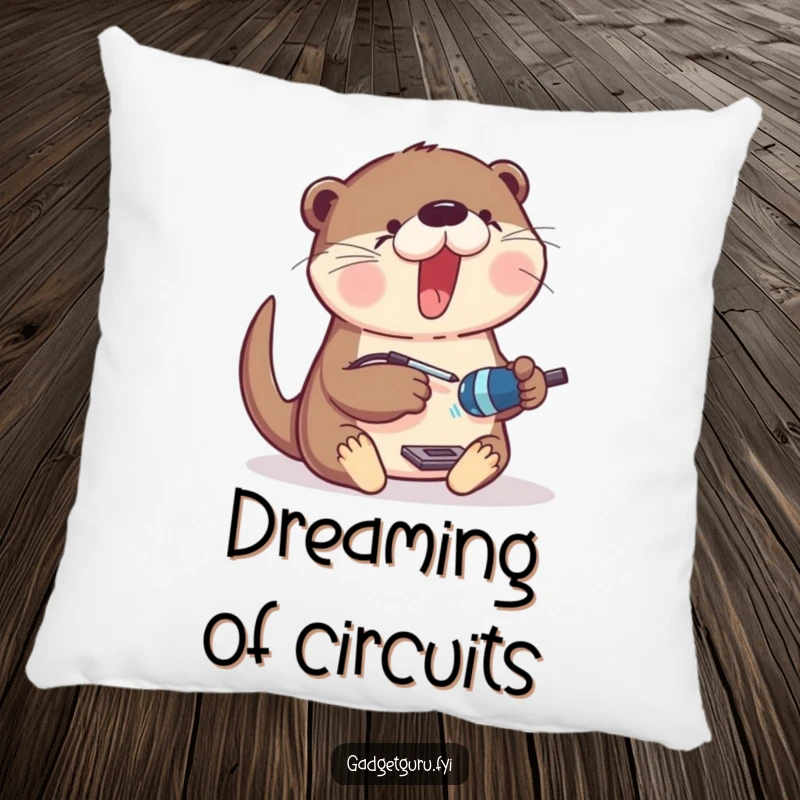 Funny Pillow showing an excited otter with a small soldering iron, working diligently on a gadget.