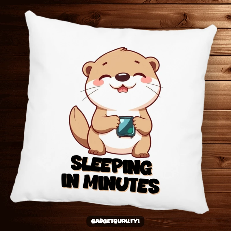 Funny pillow featuring a cheerful otter character joyfully playing with a tiny, glowing smartwatch.