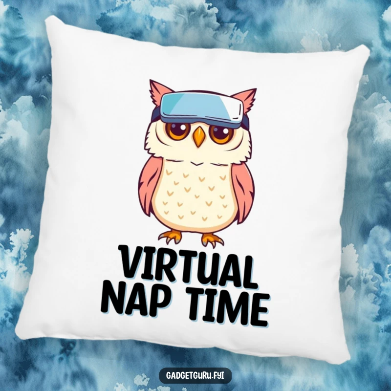 Funny owl character wearing miniature VR goggles, suggesting a love for virtual reality and comfort, on a soft pillow.