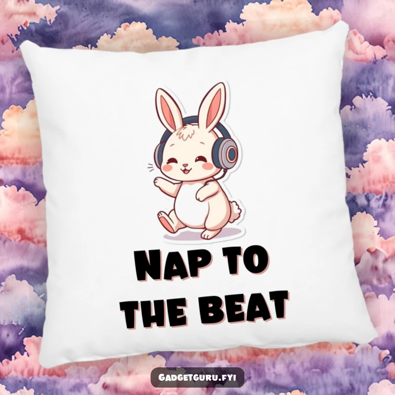 Funny pillow featuring a playful rabbit character wearing headphones and tapping its foot to a rhythm, perfect for music fans.